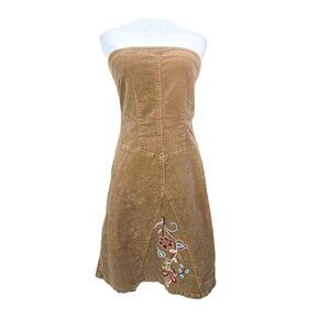 Vintage HotKISS Kkaki Brown Strapess Corduroy Y2K Embroidered Floral Mini Dress